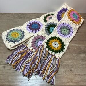 Handmade Crochet Flower Scarf Unique Earth Colors with Fringe